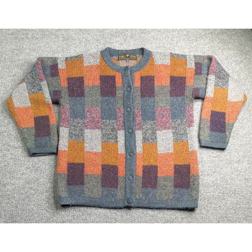 Inka Line Cardigan Sweater Womens L Multi Color Alpaca Wool Knit‎ Peru Geometric